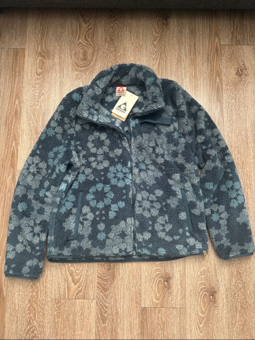 New! Gerry teal blue floral plush fleece zip jacket, large